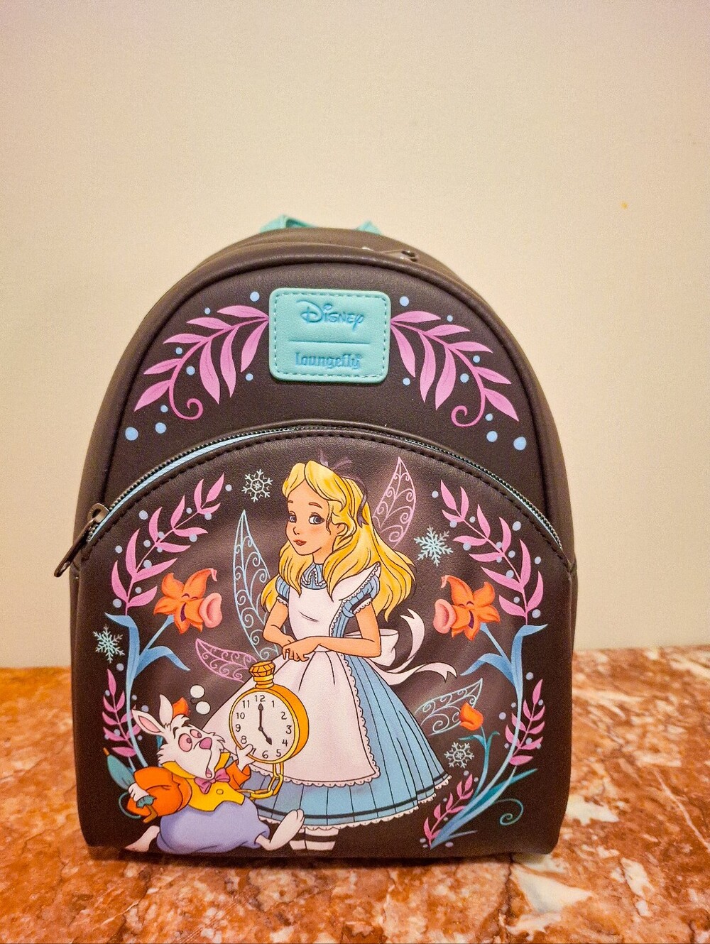 Disney Loungefly NWT Alice in Wonderland Mini Backpack Black with Pastel Artwork